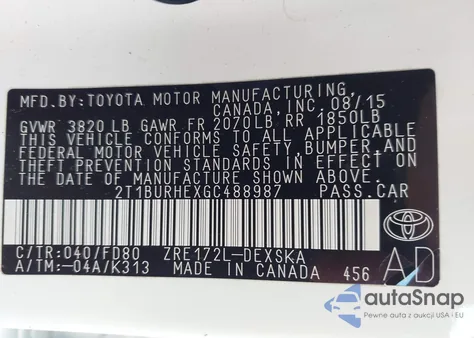 2016 Toyota Corolla S Plus from USA, damaged, VIN 2T1BURHEXGC488987